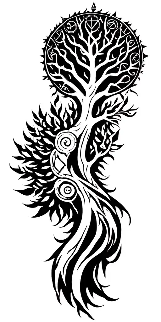 te nordic world tree, symbols of the greek God apollo, symbols of gay love, runic symbols, signs of the zodiac  tattoo design idea