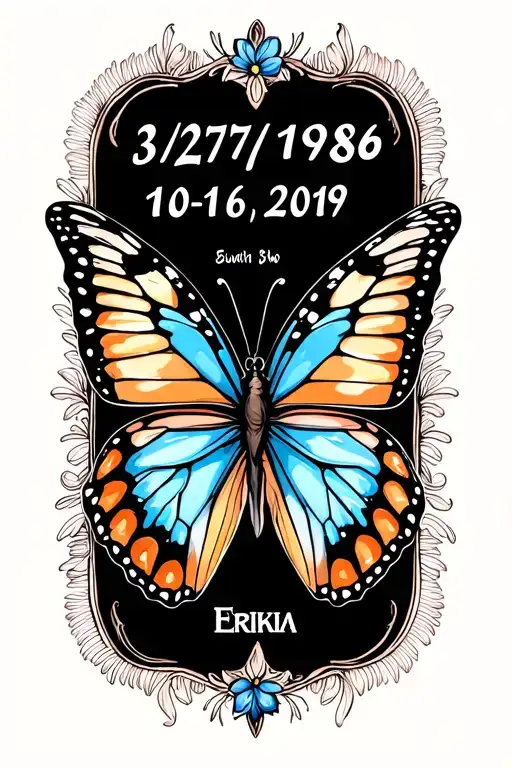 "3/27/1986-10/16/2019" Butterfly with Erika Written into Wings tattoo design idea