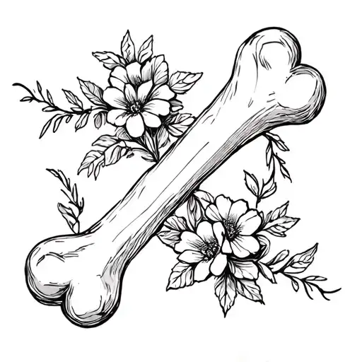 A sketch style vine of flowers wrapping around a dog bone tattoo design idea