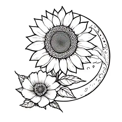 a sunflower and a lotus flower and a poppy flower designed around the sun and moon and a circle  tattoo design idea