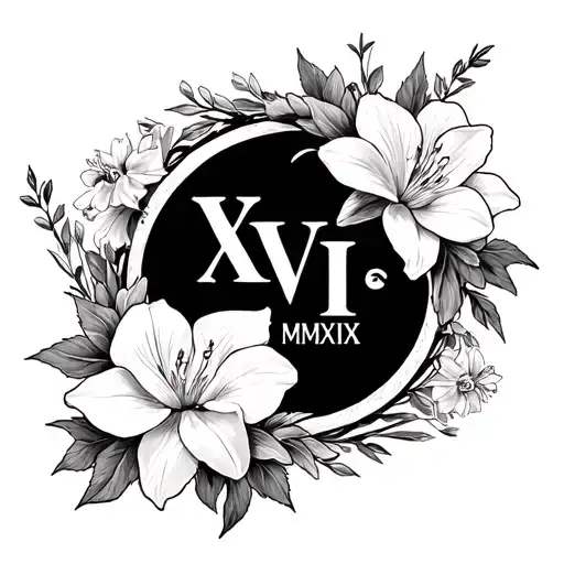 "X • VI • MMXIX" a tattoo with daffodil flowers, lily flowers, rose flowers, orchid flowers in a circle surrounding the text tattoo design idea