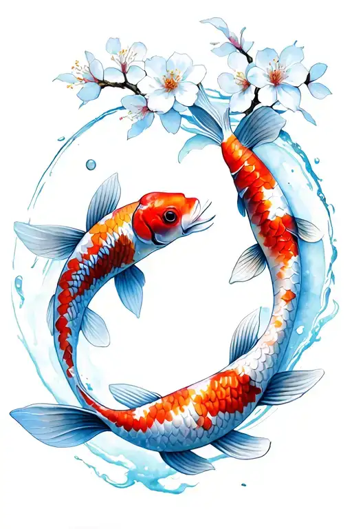 two detailed koi fish swimming in circle with cherry blossoms floating no shading except flowers a little tattoo design idea