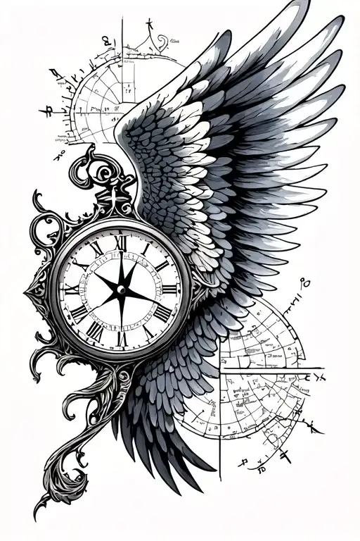 wing, with half compass, half clock, map, brick tattoo design idea