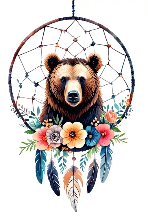 grizzly bear profile in dream catcher with flowers and feathers  tattoo design idea
