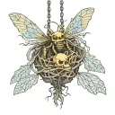A dangling empty wasps nest, with a skeleton fused into it. No wasps  tattoo design idea