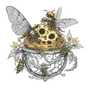 A dangling empty wasps nest, with a skeleton fused into it. No wasps  tattoo design idea