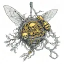 A dangling empty wasps nest, with a skeleton fused into it. No wasps  tattoo design idea