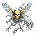 A dangling empty wasps nest, with a skeleton fused into it. No wasps  tattoo design idea