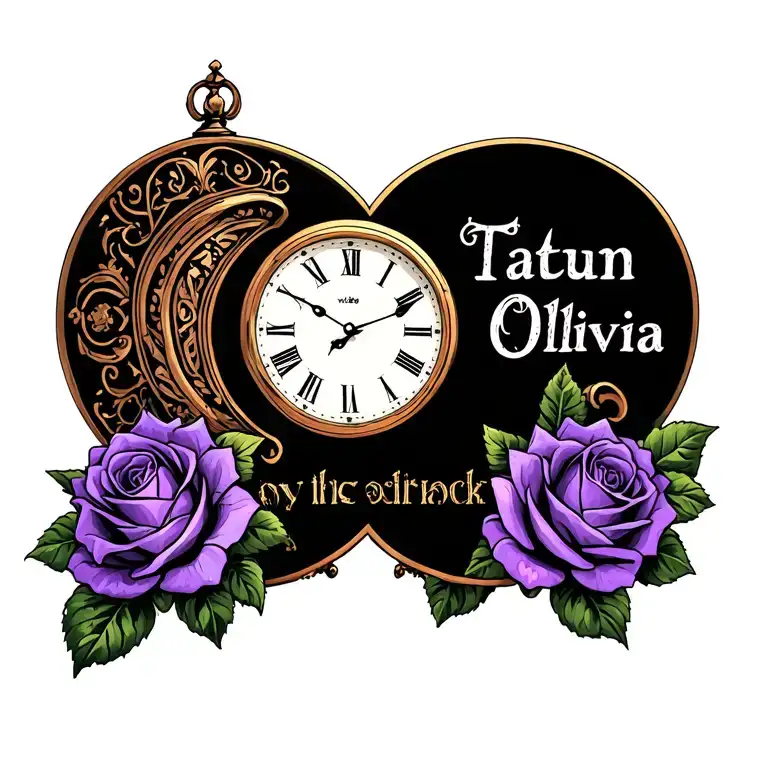 "Tatum Olivia" old clock surrounded with purple roses tattoo design idea