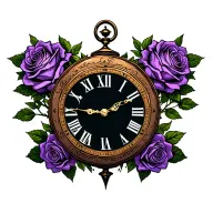 "Tatum Olivia" old clock surrounded with purple roses tattoo design idea