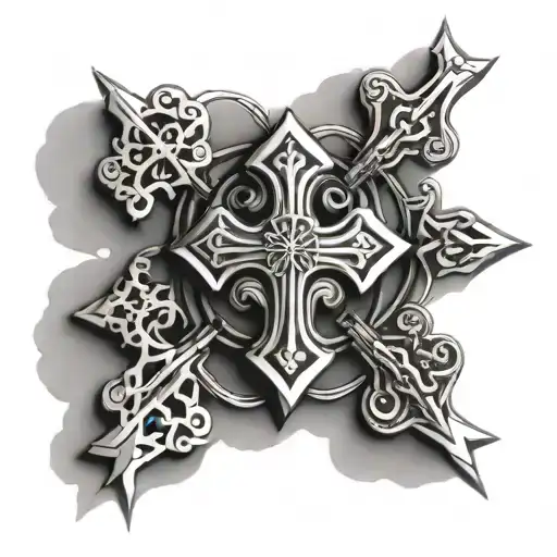 two chrome hearts crosses overlapping eachother with clouds behind them tattoo design idea