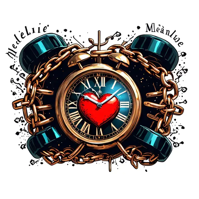 "Mélanie" clock heart chains tattoo design idea