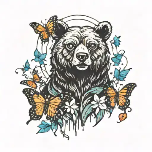 bear with eye patch and butterflies  tattoo design idea