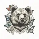 bear with eye patch and butterflies  tattoo design idea
