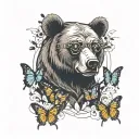 bear with eye patch and butterflies  tattoo design idea