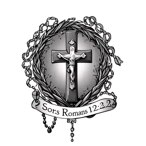 Cross with rosary around it with the bible verse Romans 12:2 under it  tattoo design idea
