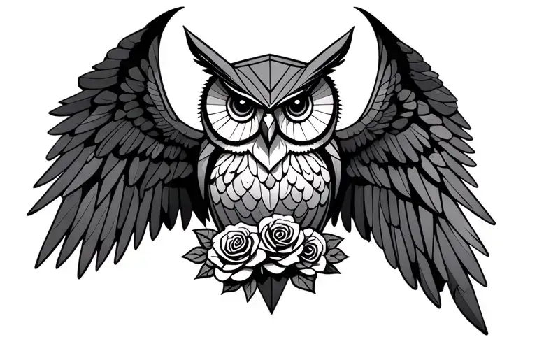 small geometric owl with long wings and roses for thigh tattoo  tattoo design idea