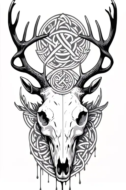 deer skull and celtic runes dripping tattoo design idea