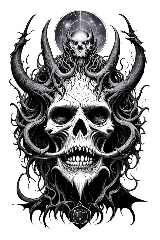 Lovecraft inspired with elder gods, non eucledean geometry, cosmic horror and gothic influences tattoo design idea