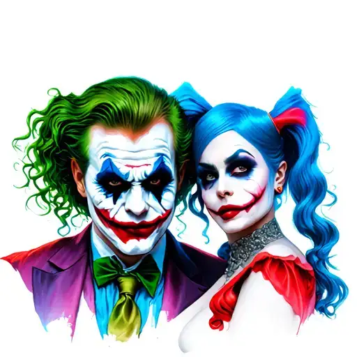 Joker and harley Quinn bleu rouge noir vert tattoo design idea