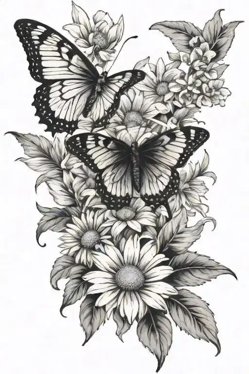 daisy bouquet with butterfly and cardinal perched tattoo design idea