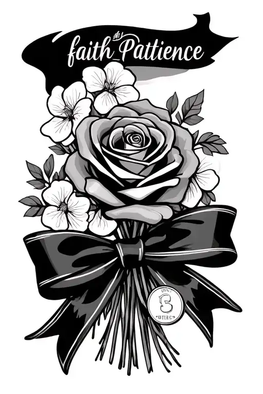 "faith and patience" rose, honeysuckle, clover bouquet tied with bow and penny tattoo design idea