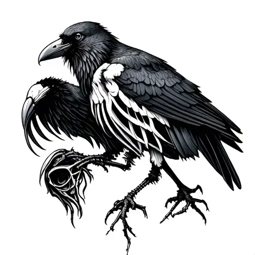 A blackwork tattoo of a dying corvid-like bird, wings partially spread, head hanging downward, skeletal details in the f tattoo design idea