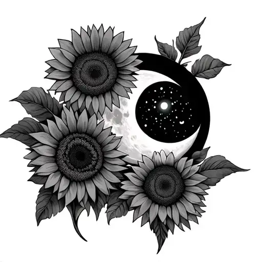 moon surrounded by sunflowers tattoo design idea