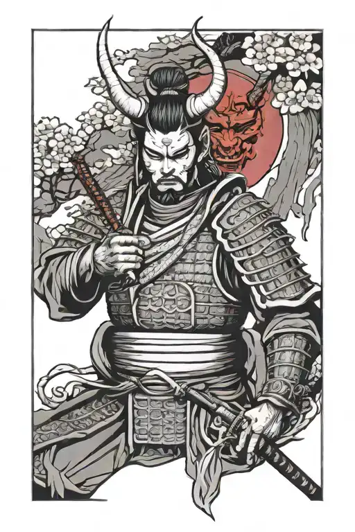 samurai with demon mask, dragon and cherry tree surrounded tattoo design idea