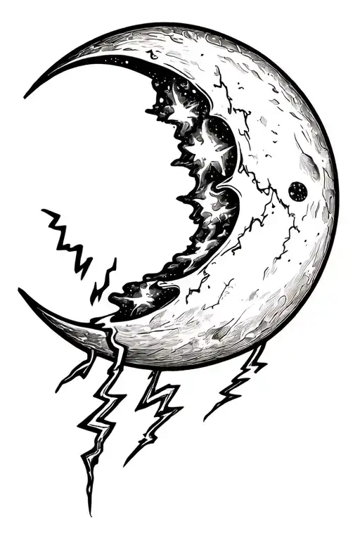 moon in crescent phase crying with the lightnings, moon without the face, storm under the moon tattoo design idea