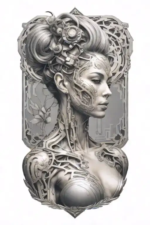 bodybuilding muscled body women with technology circuits merging tattoo design idea