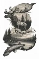 Swedish forest with flowing river and a male fly fishing with a moose in background tattoo design idea