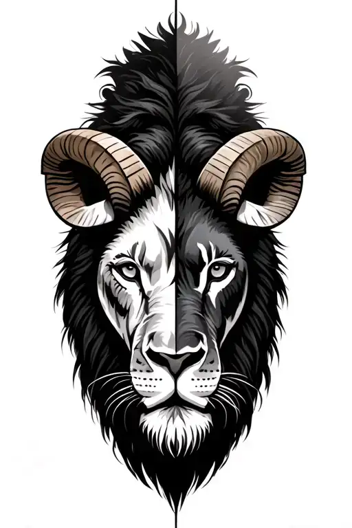 left half lion face and right half ram face tattoo design idea