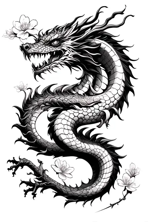 katana dragon cherry blossoms tattoo design idea