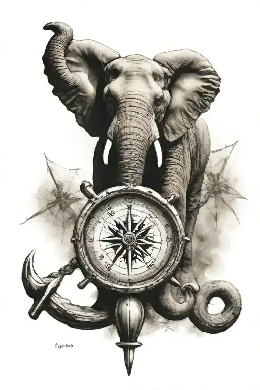 elephant compass anchor tattoo design idea