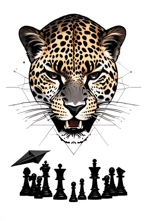 leopard angry face, with chess pieces and a paper plane. Geometric shapes and a small children silhouette shadow playing tattoo design idea