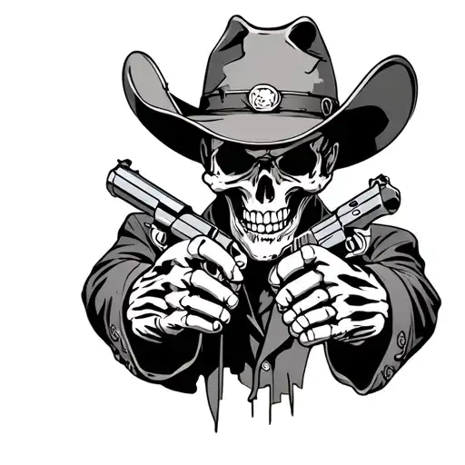 a cowboy skull with a broken and rugged hat and holding 2 1911 pistol at himself only showing his  skeleton hands tattoo design idea