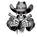 a cowboy skull with a broken and rugged hat and holding 2 1911 pistol at himself only showing his  skeleton hands tattoo design idea