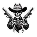 a cowboy skull with a broken and rugged hat and holding 2 1911 pistol at himself only showing his  skeleton hands tattoo design idea
