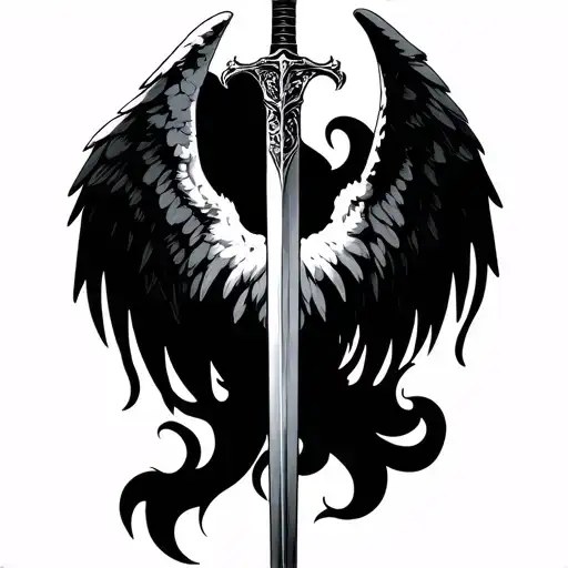 right wing angels wing left wing devils wing in between a sword tattoo design idea