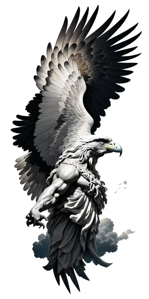 "Sumale Greek objects" "Realistic Zeus with eyes throwing rays, between dark clouds. Eagle flying to the side, design for full arm. tattoo design idea