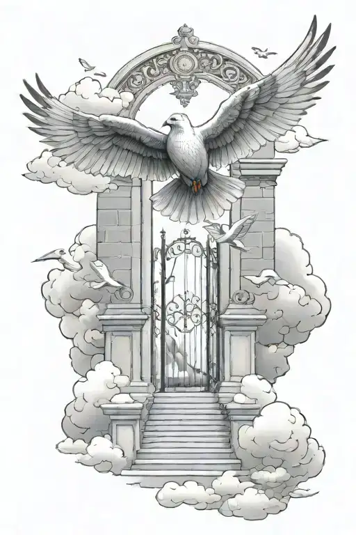 bible verses isaiah 41 10, doves flying, may 30,2003-Oct. 7,2021, angle on stairs in front of a gate, on top of clouds tattoo design idea