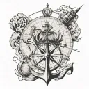 nautical chart theme with compass, anchor, and also the fireball whisky logo tattoo design idea