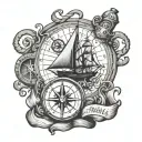 nautical chart theme with compass, anchor, and also the fireball whisky logo tattoo design idea