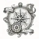 nautical chart theme with compass, anchor, and also the fireball whisky logo tattoo design idea
