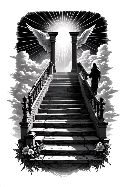 stairway to heaven walking up stairs angels sun rays clouds heaven gate at the top of the stairs  tattoo design idea
