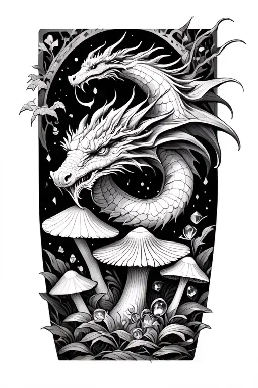 sleeve, dragons, gemstones, mushrooms, fantasy, spiritual, oldschool tattoo design idea