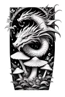 sleeve, dragons, gemstones, mushrooms, fantasy, spiritual, oldschool tattoo design idea