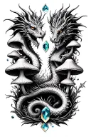 sleeve, dragons, gemstones, mushrooms, fantasy, spiritual, oldschool tattoo design idea