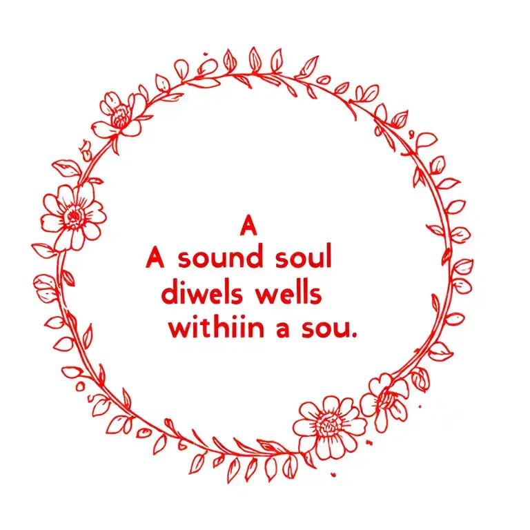 create a back tattoo with red ink that has a flower line surrounding this quote saying “a sound soul dwells within a sou tattoo design idea